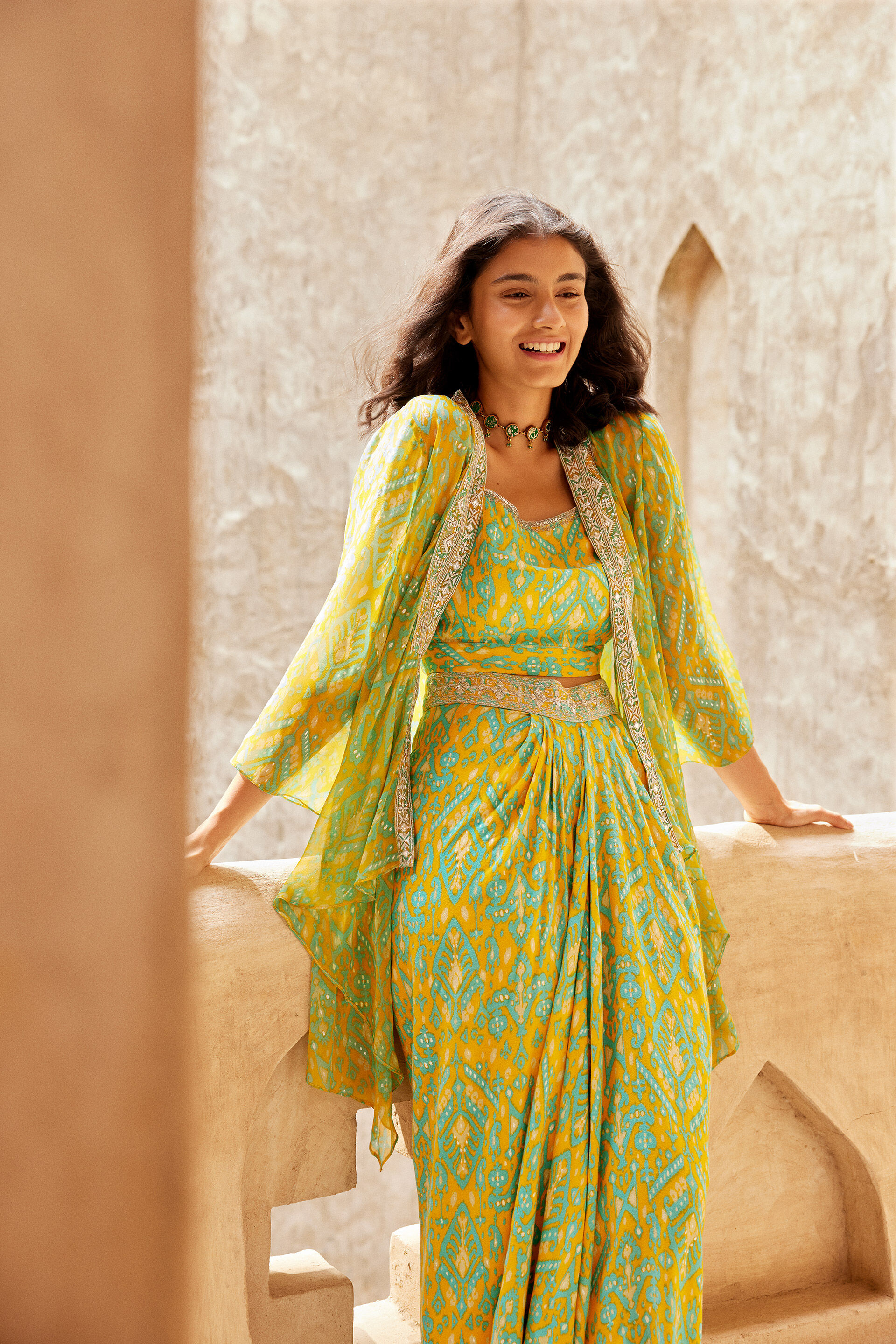 Ikat Inspired Asymmetrical Skirt Co-ord Set, Mustard, image 2